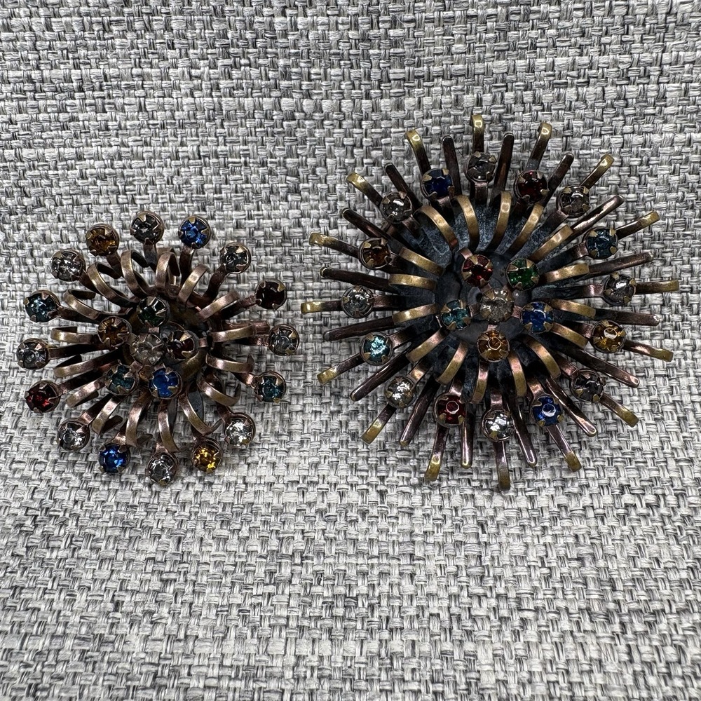 Vtg MCM Sunburst Sputnik Brooch Set Copper Tone Multi Rhinestone 2pc‎ Starburst